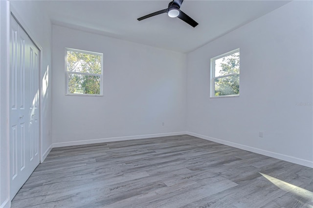 empty room with light hardwood / wood-style floors, a wealth of natural light, and ceiling fan