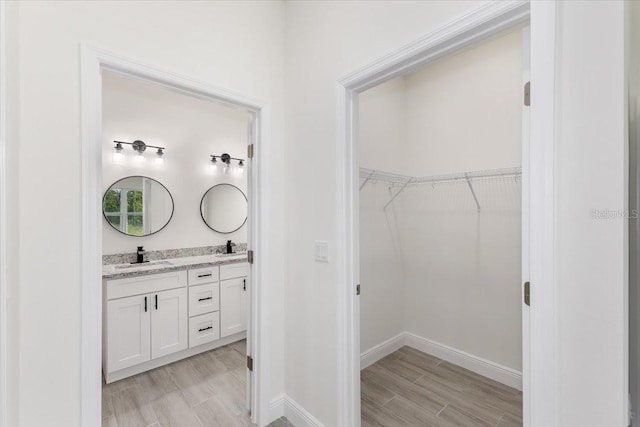 bathroom featuring hardwood / wood-style floors and vanity