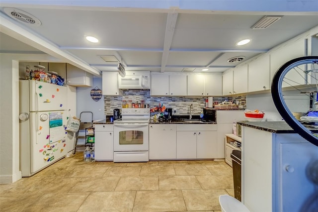 kitchen featuring backsplash, white appliances, sink, white cabinets, and light tile patterned flooring