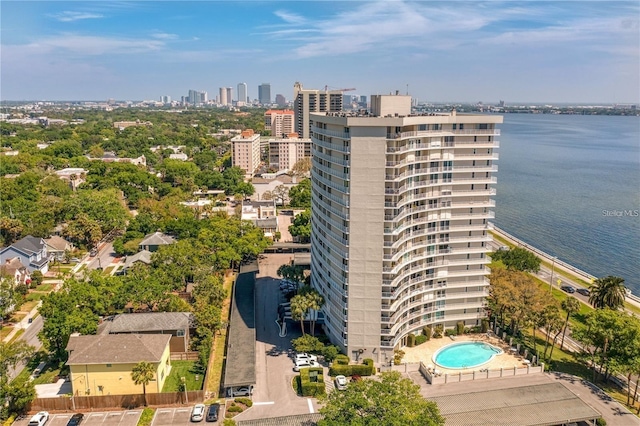 drone / aerial view with a water view