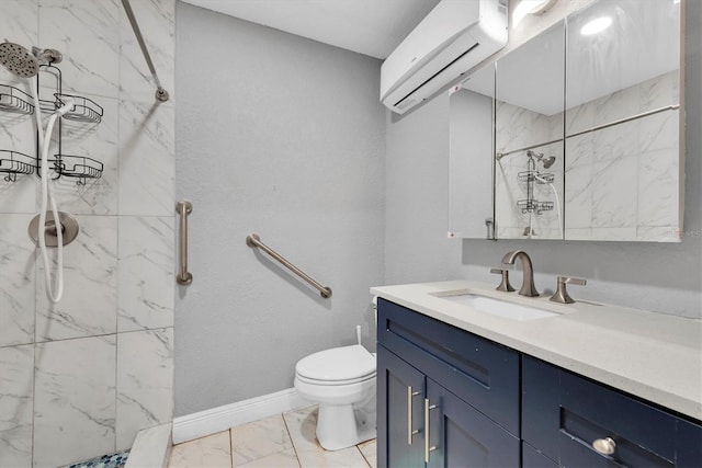 bathroom featuring vanity, toilet, a tile shower, and a wall unit AC