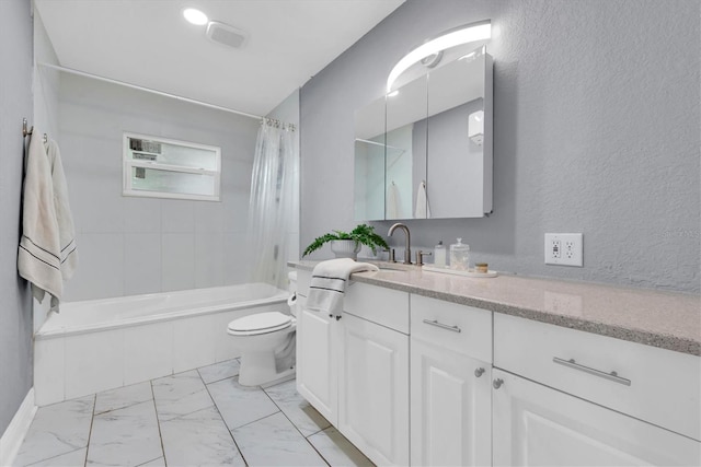 full bathroom with shower / tub combo, vanity, and toilet