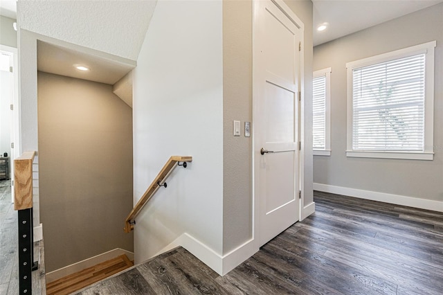 stairs featuring hardwood / wood-style flooring