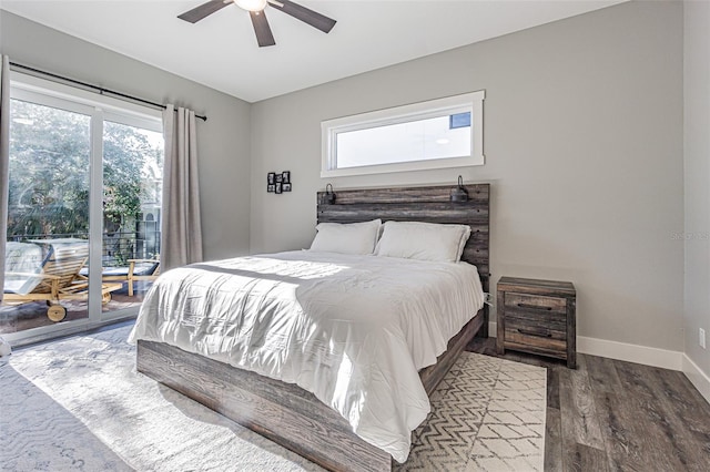 bedroom featuring access to outside, ceiling fan, and hardwood / wood-style flooring