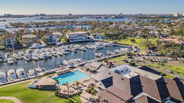 drone / aerial view with a water view