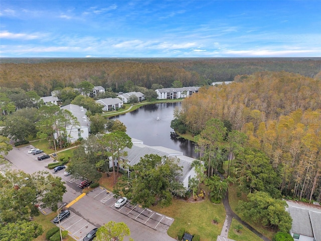 birds eye view of property with a water view and a wooded view