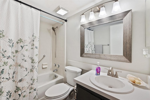 bathroom featuring shower / bath combination with curtain, visible vents, vanity, and toilet