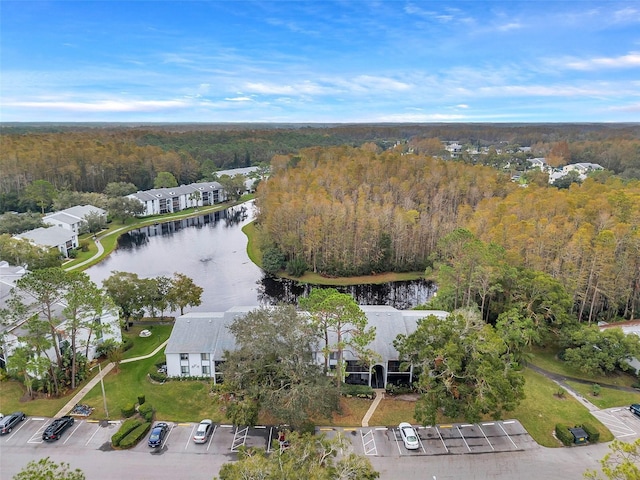 bird's eye view with a water view and a forest view