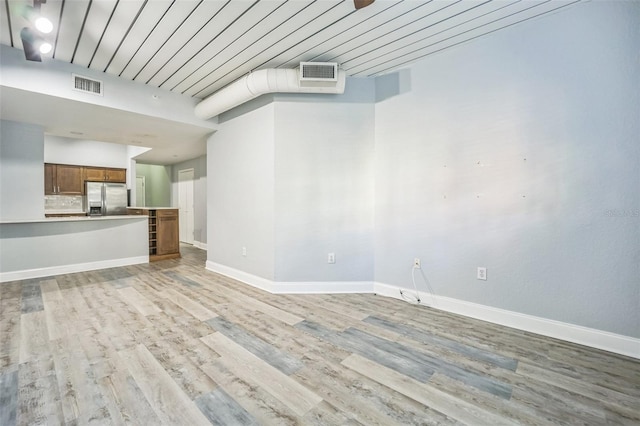 unfurnished living room with light hardwood / wood-style flooring and wooden ceiling