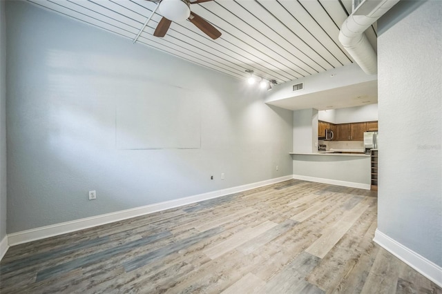 unfurnished living room with light wood-type flooring, ceiling fan, and wooden ceiling