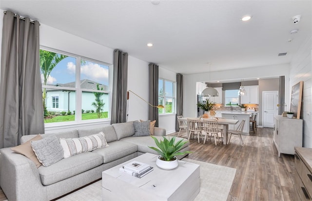 living room with light hardwood / wood-style flooring