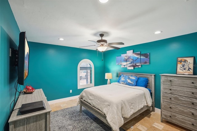 bedroom with recessed lighting, a ceiling fan, and baseboards