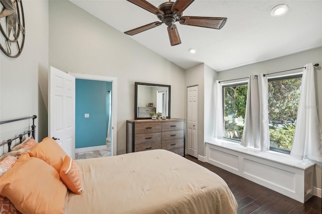 bedroom with lofted ceiling, a ceiling fan, dark wood-style flooring, and recessed lighting