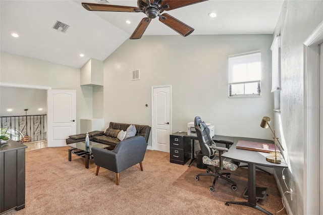 home office with high vaulted ceiling, recessed lighting, visible vents, and light colored carpet