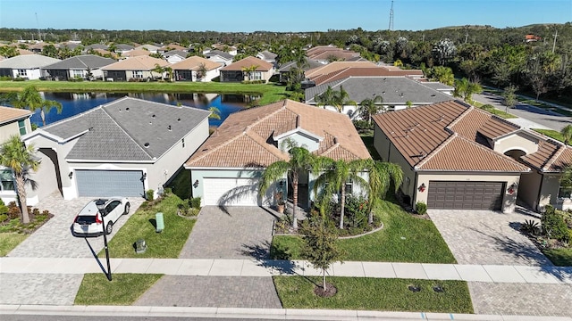 aerial view featuring a water view