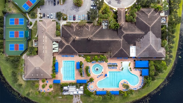 aerial view featuring a water view