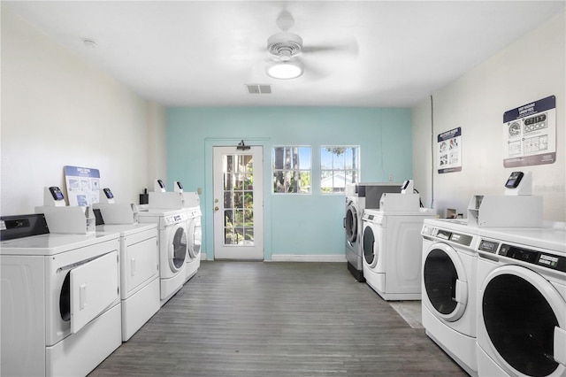 laundry room with dark hardwood / wood-style flooring, ceiling fan, and washer and clothes dryer