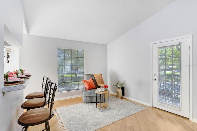 living area with hardwood / wood-style floors, plenty of natural light, and lofted ceiling