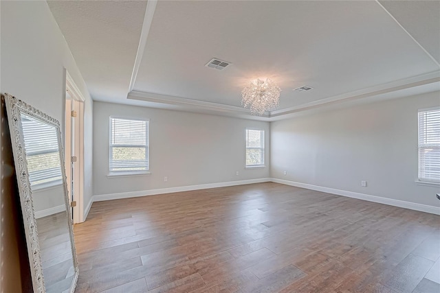 unfurnished room featuring light wood-type flooring, a tray ceiling, and a wealth of natural light