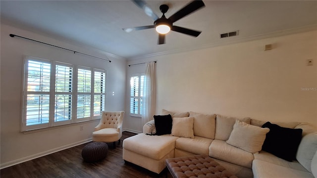 living room with ceiling fan, wood-type flooring, and ornamental molding