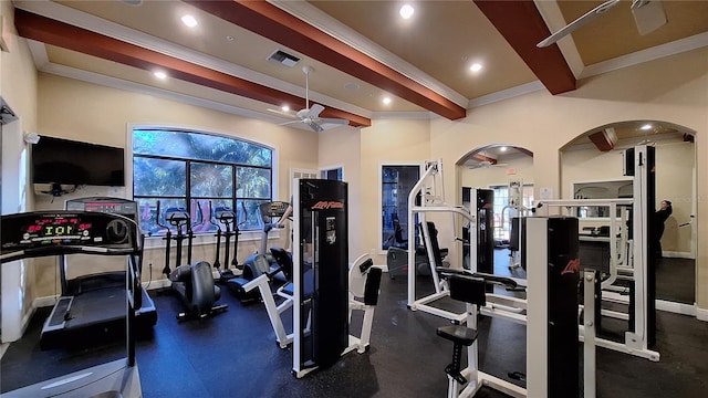 exercise room featuring ceiling fan and ornamental molding