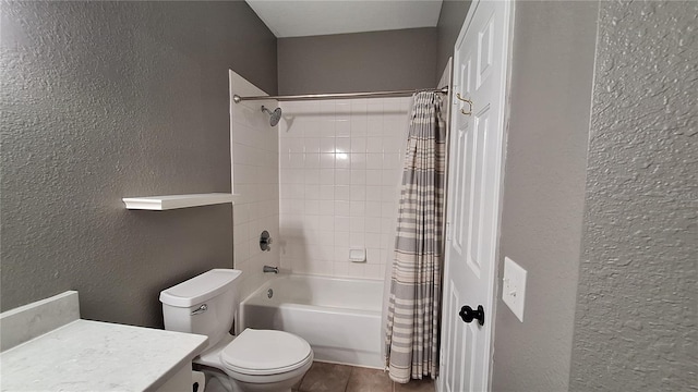 full bathroom with shower / tub combo with curtain, vanity, hardwood / wood-style floors, and toilet