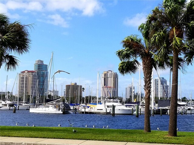 view of community featuring a boat dock and a water view