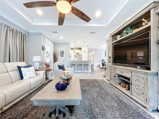 living room featuring a raised ceiling and crown molding