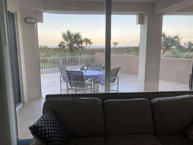 view of patio terrace at dusk