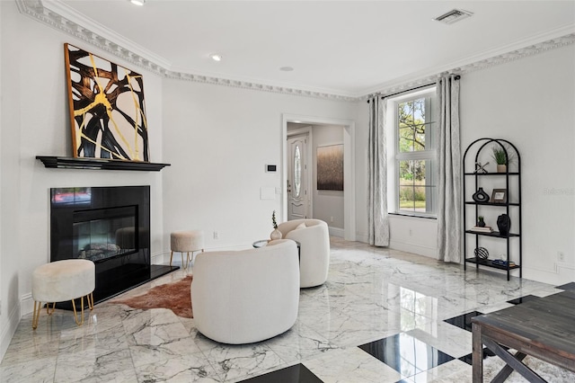 living room with crown molding