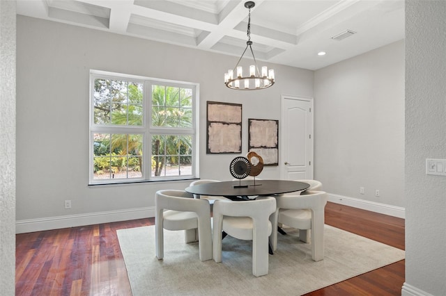 dining area featuring ornamental molding, coffered ceiling, wood-type flooring, a notable chandelier, and beamed ceiling