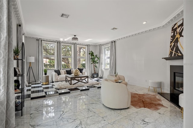 living room with ornamental molding