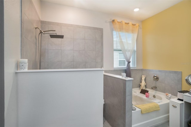 bathroom with vanity and plus walk in shower