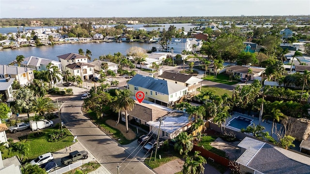 aerial view featuring a water view