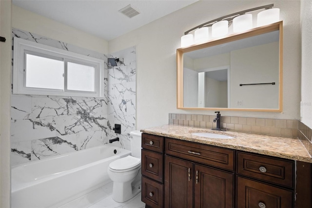 full bath with visible vents, tub / shower combination, toilet, and vanity