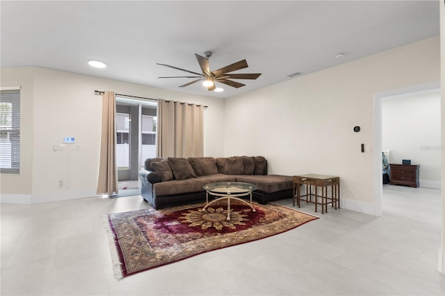 living room featuring recessed lighting, baseboards, visible vents, and ceiling fan