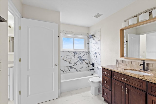 full bathroom featuring visible vents, toilet, shower / tub combination, marble finish floor, and vanity