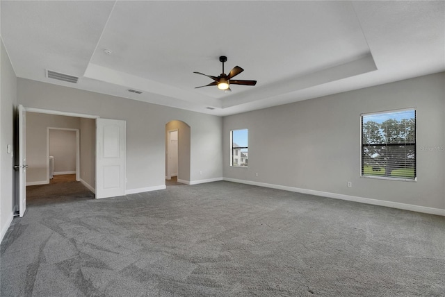 spare room with a raised ceiling, ceiling fan, and carpet