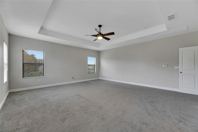 spare room featuring a raised ceiling, a wealth of natural light, ceiling fan, and carpet