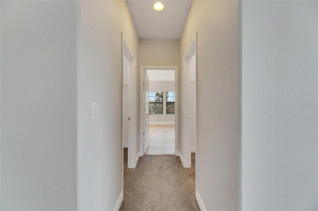 hall featuring light colored carpet