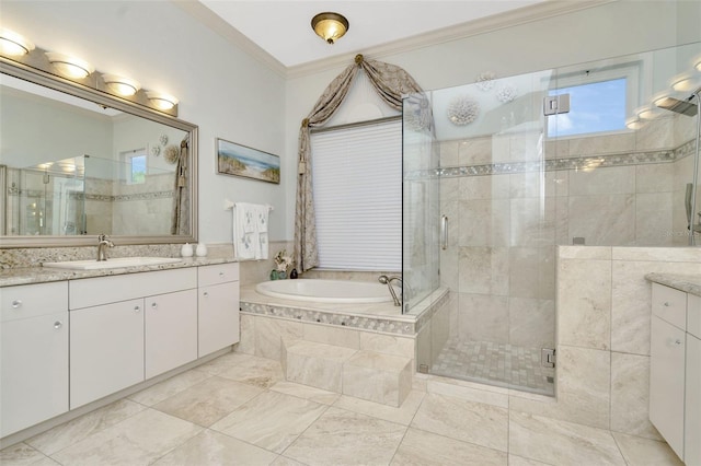 bathroom with shower with separate bathtub, vanity, and ornamental molding