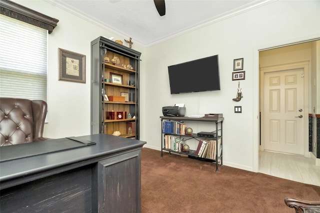 office space featuring crown molding, ceiling fan, and dark colored carpet