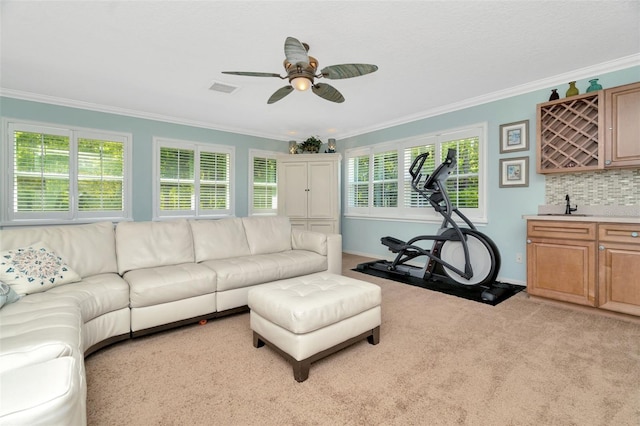 carpeted living room with crown molding, ceiling fan, and indoor wet bar