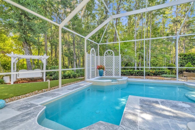 view of swimming pool with a pergola, glass enclosure, and an in ground hot tub