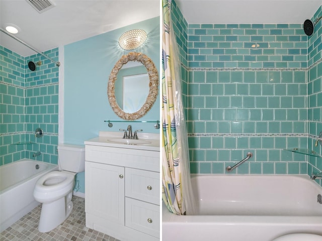 full bathroom featuring tile patterned floors, vanity, shower / bath combination with curtain, and toilet