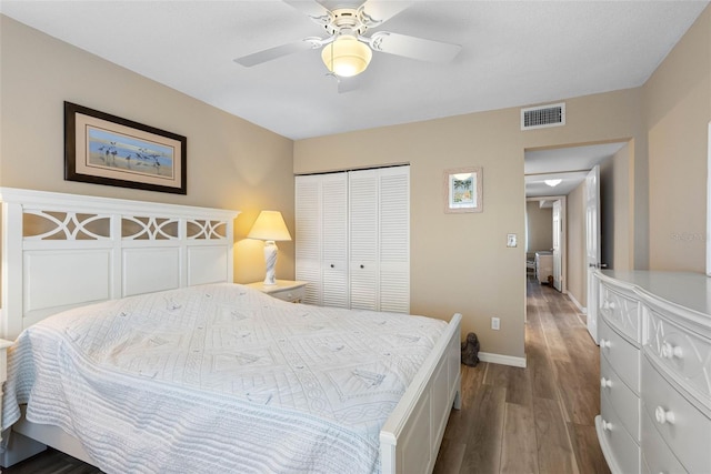 bedroom featuring hardwood / wood-style floors, ceiling fan, and a closet