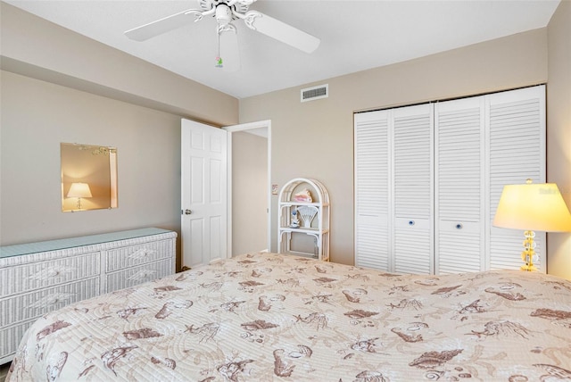 bedroom featuring ceiling fan and a closet