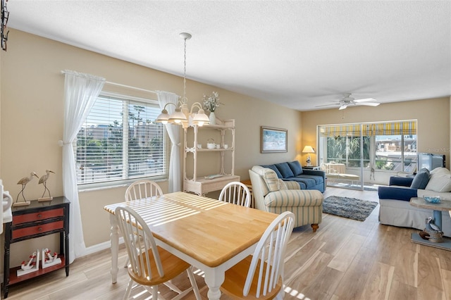 dining space featuring a textured ceiling, ceiling fan with notable chandelier, light hardwood / wood-style flooring, and plenty of natural light