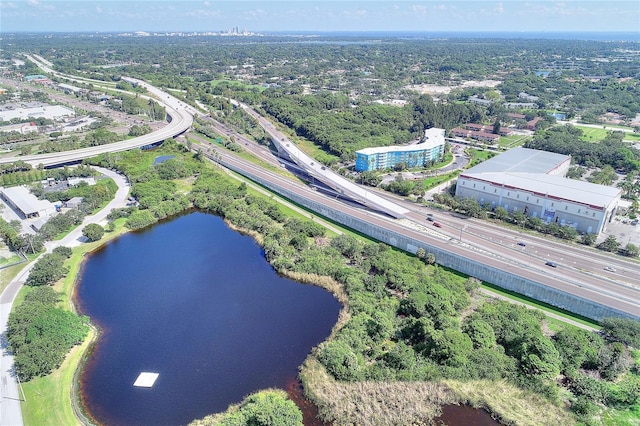 bird's eye view with a water view