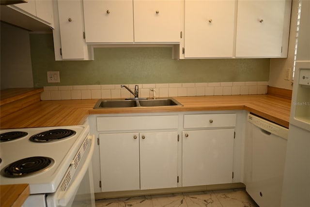 kitchen with white cabinets, white appliances, and sink